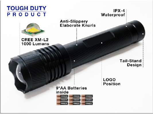 Hauptlumen des lauten Summens der hohe Sicherheits-Fackel-1000 mit 9 * AA-Batterien